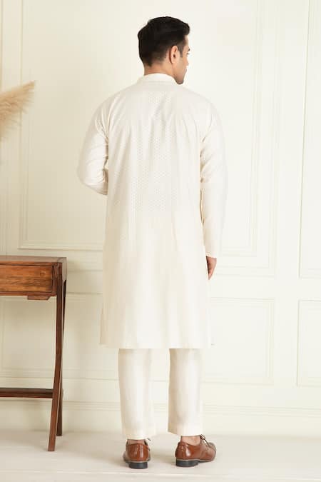 Shop_Priyanka Jain_Beige Chanderi Silk, Silk, Cotton Embroidery, Sequins Vintage Bundi Kurta Set _Online_at_Aza_Fashions