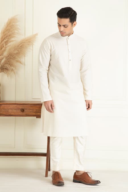 Priyanka Jain_Beige Chanderi Silk, Silk, Cotton Embroidery, Sequins Vintage Bundi Kurta Set _at_Aza_Fashions