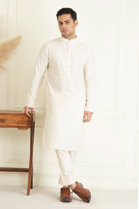 Buy_Priyanka Jain_Ivory Chanderi Silk, Cotton Sequins, Embroidery Bundi And Kurta Set _Online_at_Aza_Fashions