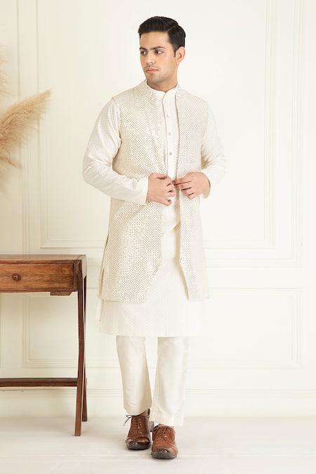 Shop_Priyanka Jain_Ivory Chanderi Silk, Cotton Sequins, Embroidery Bundi And Kurta Set _Online_at_Aza_Fashions