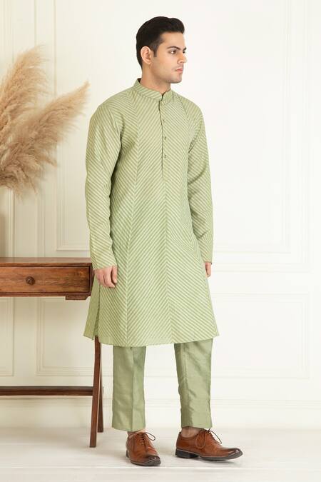 Buy_Priyanka Jain_Green , Satin, Silk Jacquard Stripe Pattern Kurta Set _Online_at_Aza_Fashions
