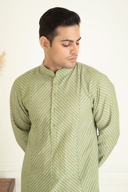 Shop_Priyanka Jain_Green , Satin, Silk Jacquard Stripe Pattern Kurta Set _Online_at_Aza_Fashions