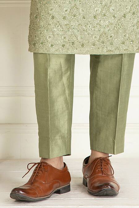 Priyanka Jain_Green Silk, Cotton Sequins Floral Thread Embroidered Kurta Set _Online_at_Aza_Fashions