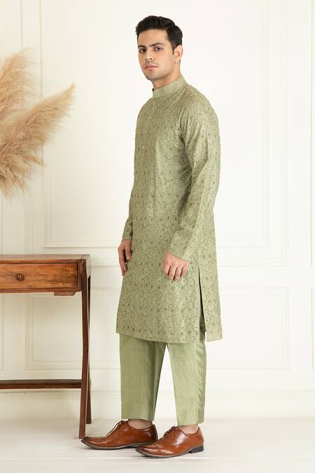 Buy_Priyanka Jain_Green Silk, Cotton Sequins Floral Thread Embroidered Kurta Set _Online_at_Aza_Fashions