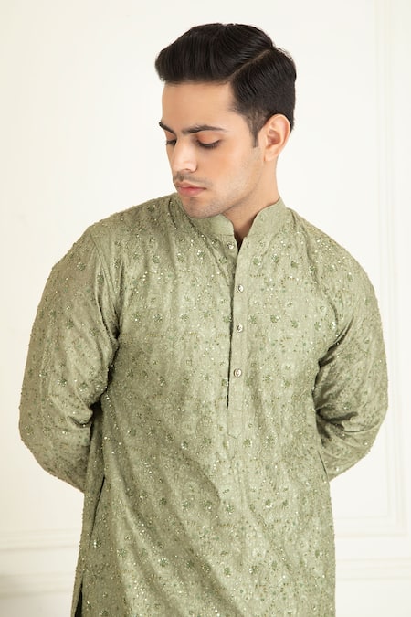 Priyanka Jain_Green Silk, Cotton Sequins Floral Thread Embroidered Kurta Set _at_Aza_Fashions