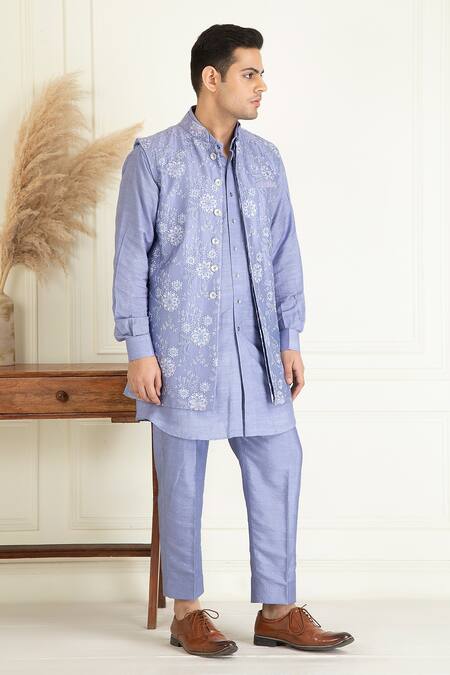 Shop_Priyanka Jain_Purple Cotton, Silk Embroidery, Beads Floral Bundi Kurta Set _Online_at_Aza_Fashions