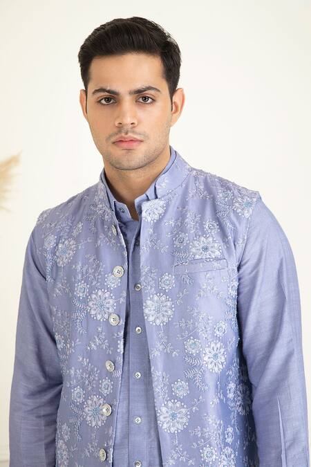 Priyanka Jain_Purple Cotton, Silk Embroidery, Beads Floral Bundi Kurta Set _at_Aza_Fashions