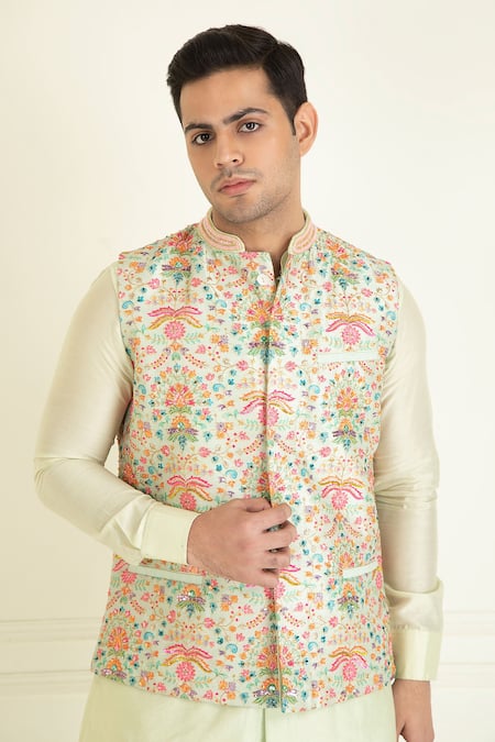 Shop_Priyanka Jain_Green Silk, Cotton Embroidery Floral Bundi Kurta Set _Online_at_Aza_Fashions