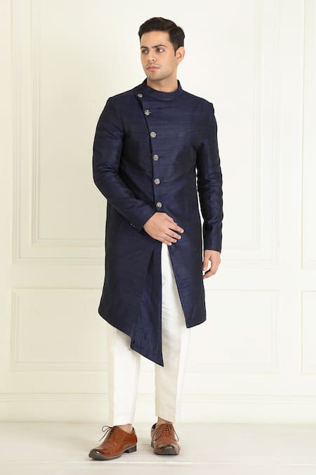 Shop_Priyanka Jain_Blue Raw Silk Plain Draped Sherwani And Pant Set _Online_at_Aza_Fashions