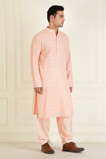 Buy_Priyanka Jain_Peach , Satin, Silk Embroidery Vintage Thread Kurta Set _Online_at_Aza_Fashions