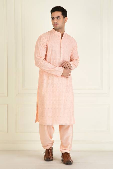 Shop_Priyanka Jain_Peach , Satin, Silk Embroidery Vintage Thread Kurta Set _Online_at_Aza_Fashions