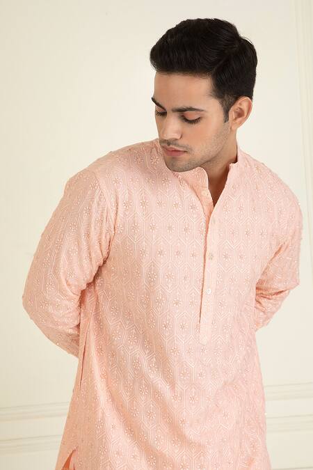 Priyanka Jain_Peach , Satin, Silk Embroidery Vintage Thread Kurta Set _at_Aza_Fashions