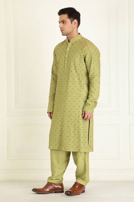 Shop_Priyanka Jain_Green Cotton, Silk Embroidery Thread And Sequin Kurta Set _Online_at_Aza_Fashions