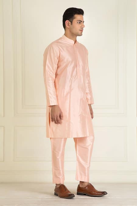 Buy_Priyanka Jain_Peach Silk, Cotton Mandarin Collar Kurta Set _Online_at_Aza_Fashions