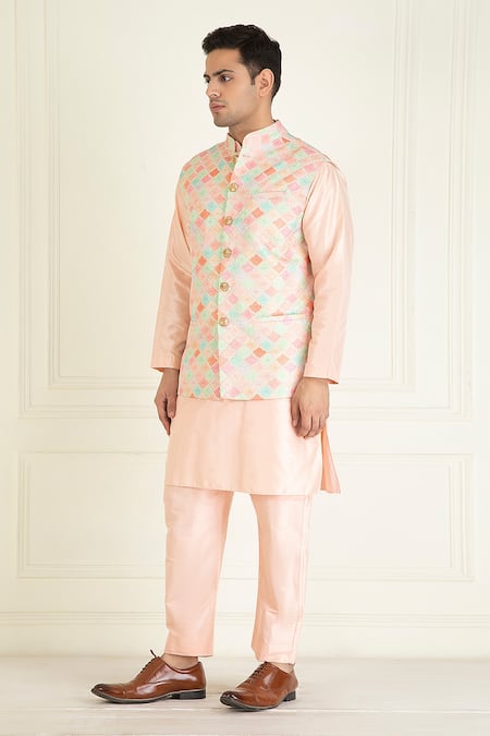 Priyanka Jain_Peach , Cotton, Satin Sequins, Embroidery Moroccan Pattern Bundi Set _at_Aza_Fashions