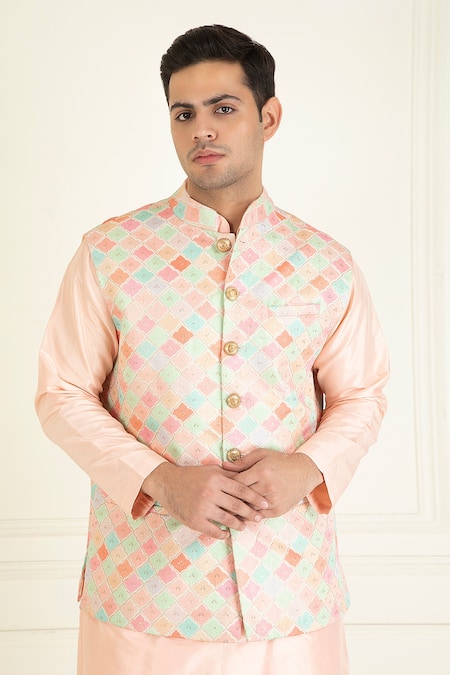 Buy_Priyanka Jain_Peach , Cotton, Satin Sequins, Embroidery Moroccan Pattern Bundi Set 