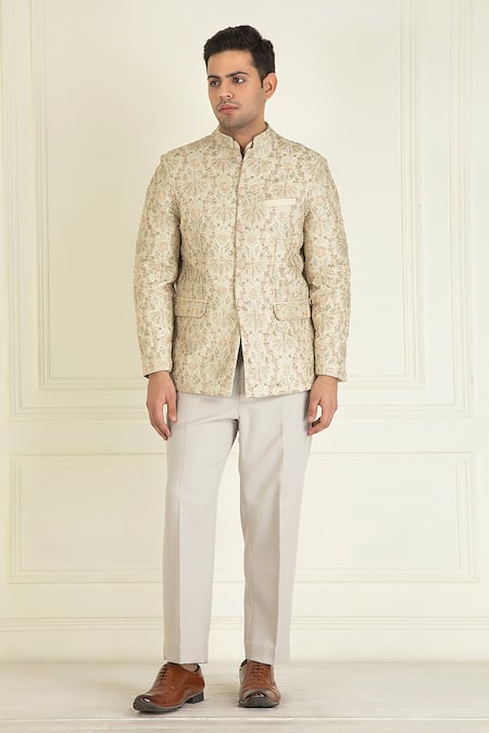 Priyanka Jain_Green Silk, Cotton, Twill Embroidery, Sequins Floral Bandhgala And Pant Set _Online_at_Aza_Fashions