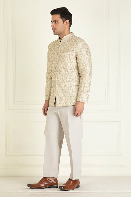 Buy_Priyanka Jain_Green Silk, Cotton, Twill Embroidery, Sequins Floral Bandhgala And Pant Set _Online_at_Aza_Fashions