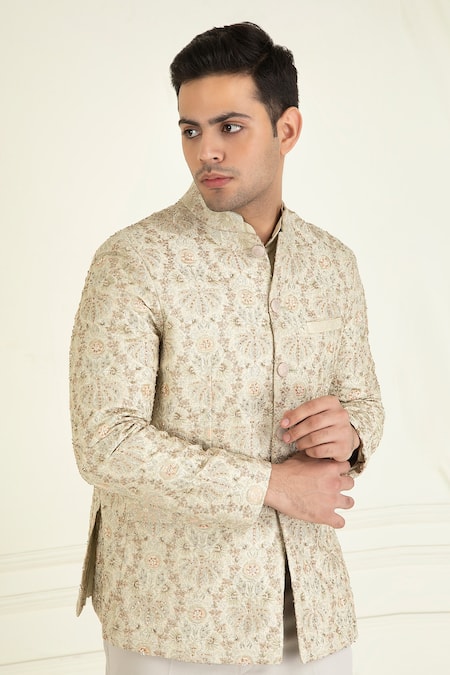 Priyanka Jain_Green Silk, Cotton, Twill Embroidery, Sequins Floral Bandhgala And Pant Set _at_Aza_Fashions