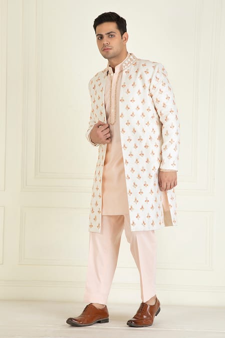 Priyanka Jain_Ivory Cotton, Silk, Chanderi Beads, Floral Embroidered Sherwani Kurta Set _Online_at_Aza_Fashions