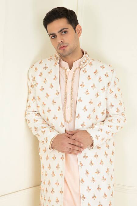 Shop_Priyanka Jain_Ivory Cotton, Silk, Chanderi Beads, Floral Embroidered Sherwani Kurta Set _Online_at_Aza_Fashions