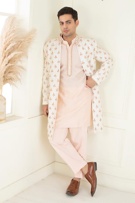 Priyanka Jain_Ivory Cotton, Silk, Chanderi Beads, Floral Embroidered Sherwani Kurta Set _at_Aza_Fashions