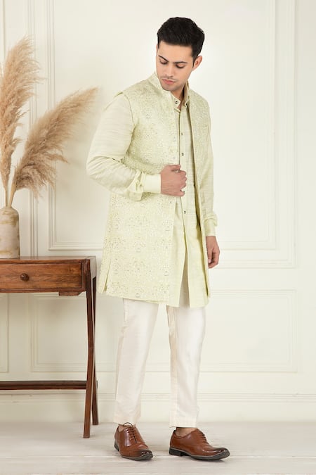 Priyanka Jain_Yellow , Silk, Satin Sequins, Beads, Embroidery Kurta Bundi Set _Online_at_Aza_Fashions