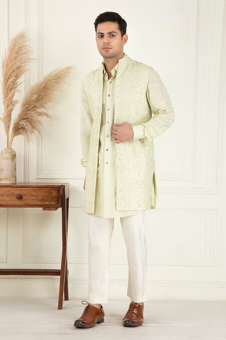 Shop_Priyanka Jain_Yellow , Silk, Satin Sequins, Beads, Embroidery Kurta Bundi Set _Online_at_Aza_Fashions