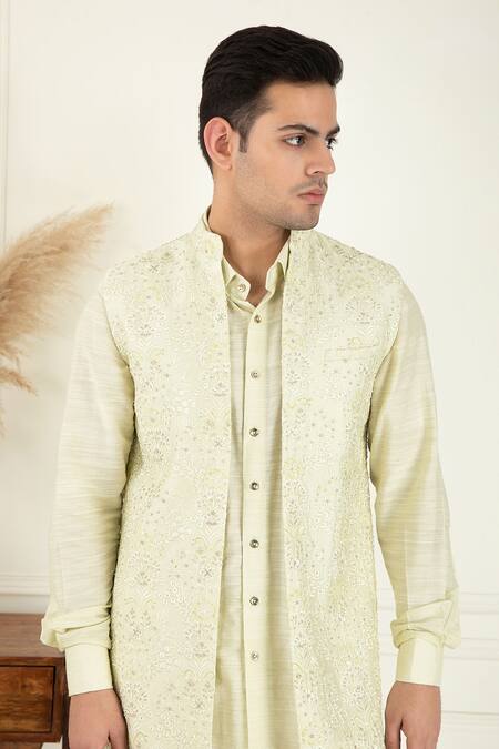 Priyanka Jain_Yellow , Silk, Satin Sequins, Beads, Embroidery Kurta Bundi Set _at_Aza_Fashions