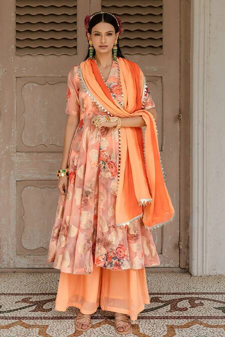 Buy_Amrin Khan_Peach Georgette And Chiffon & Embroidery Floral & Anarkali Palazzo Set _Online_at_Aza_Fashions