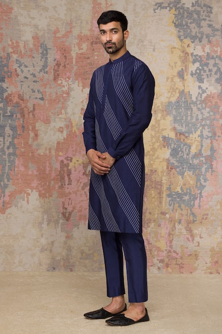 Devnaagri_Blue Cotton Silk Blend Pintuck Kurta And Pant Set  _Online_at_Aza_Fashions