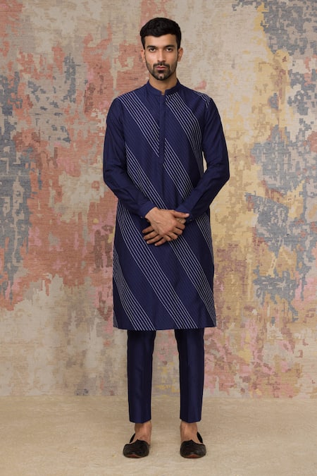 Buy_Devnaagri_Blue Cotton Silk Blend Pintuck Kurta And Pant Set  _Online_at_Aza_Fashions