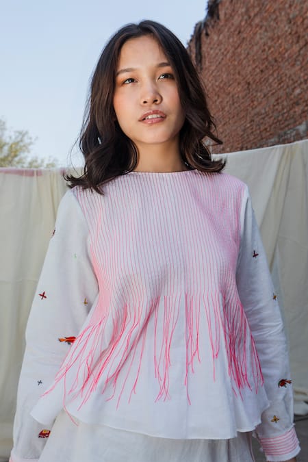 Nikasha White Cotton Round Embroidered Pintuck Top Online at Aza Fashions Nikasha_White Cotton Round Embroidered Pintuck Top _Online_at_Aza_Fashions