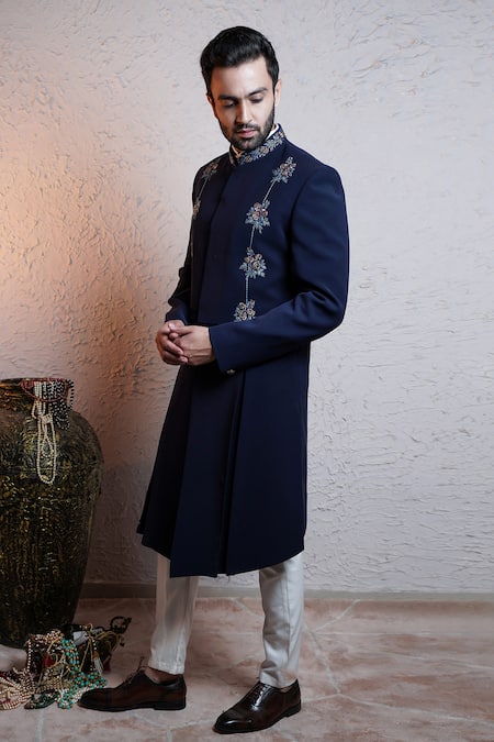 Soniya G_Blue Silk Embroidery Sherwani Set For Kids_Online_at_Aza_Fashions