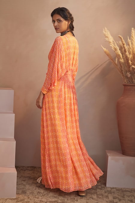 Shop_Aneesh Agarwaal_Yellow Georgette Ikat Print, Mirror And Thread V Neck Kaftan Dress _at_Aza_Fashions