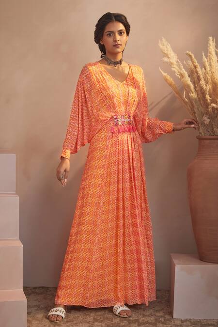 Aneesh Agarwaal_Yellow Georgette Ikat Print, Mirror And Thread V Neck Kaftan Dress _Online_at_Aza_Fashions