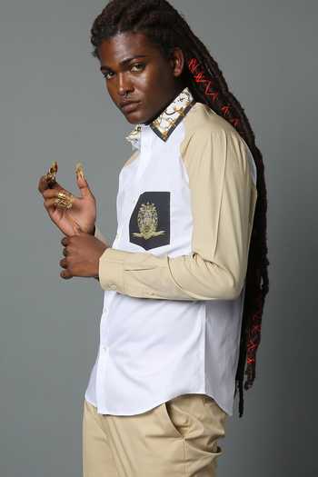 Shop_House Of Three_Beige Cotton Poplin Nripa Shirt _Online_at_Aza_Fashions