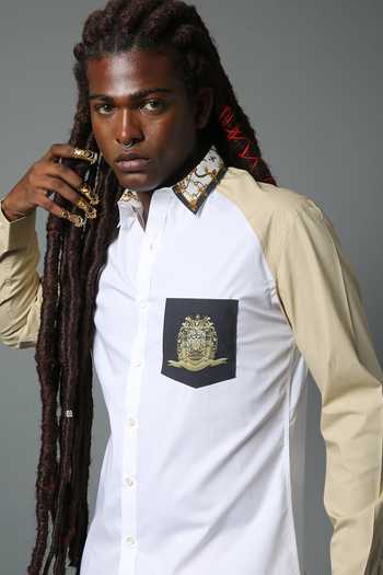 House Of Three_Beige Cotton Poplin Nripa Shirt _at_Aza_Fashions