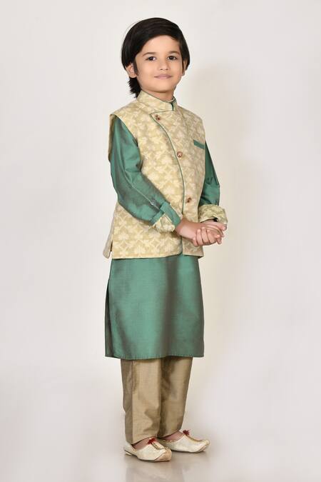 Petite Pomme_Beige Handloom Cotton, Silk Embroidery Woven Bundi And Kurta Set _Online_at_Aza_Fashions