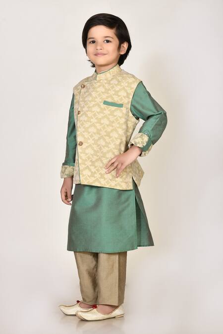 Buy_Petite Pomme_Beige Handloom Cotton, Silk Embroidery Woven Bundi And Kurta Set _Online_at_Aza_Fashions