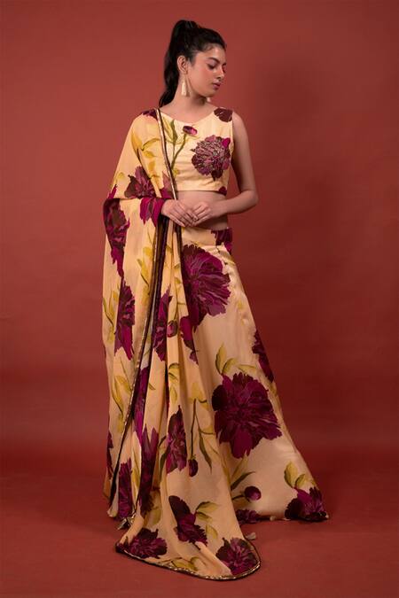 Shop_Rimi Nayak_Beige Modal, Silk Embroidery Chrysanthemum Flower Print Lehenga Skirt _Online_at_Aza_Fashions