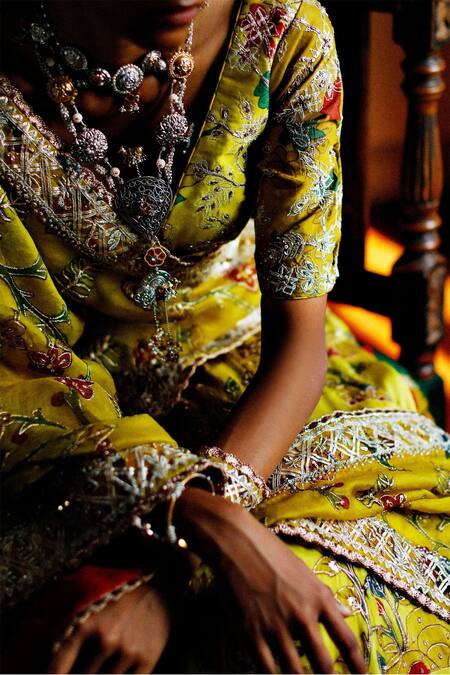 Shop_Archana Jaju_Yellow Organza , Pure Kalamkari Hand Embroidered Bridal Lehenga Set_Online_at_Aza_Fashions