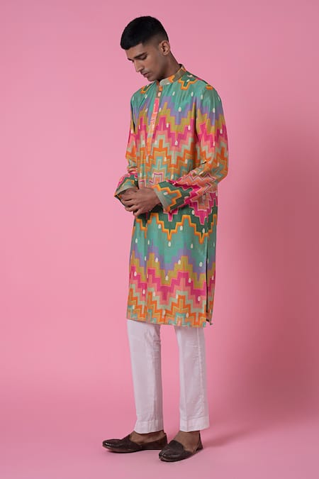 Siddhartha Bansal Multi Color Cotton, Chanderi Cubic Chevron Print Kurta Set Online at Aza Fashions Siddhartha Bansal_Multi Color Cotton, Chanderi Cubic Chevron Print Kurta Set _Online_at_Aza_Fashions