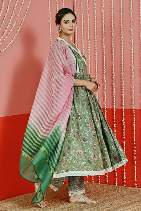 Buy Myaara Green Cotton, Organza Embroidery, Mirrors V-neck Floral Print Anarkali Set Online at Aza Fashions Buy_Myaara_Green Cotton, Organza Embroidery, Mirrors V-neck Floral Print Anarkali Set _Online_at_Aza_Fashions