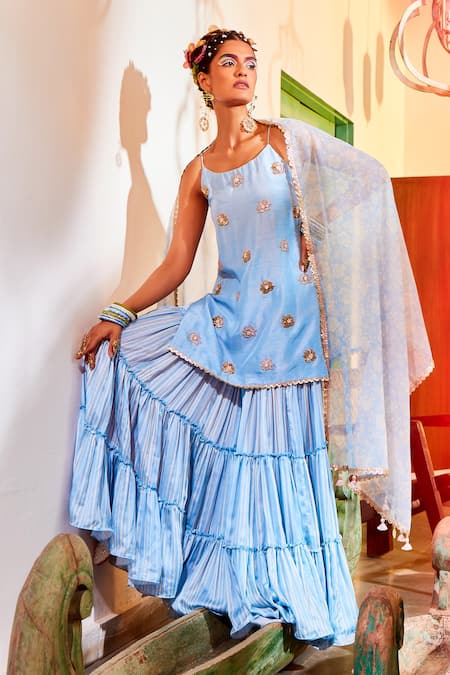 Buy Mona And Vishu Blue Dupion Silk, Dupatta Georgette, Sharara Modal Embroidered Kurta Set Online at Aza Fashions Buy_Mona And Vishu_Blue Dupion Silk, Dupatta Georgette, Sharara Modal Embroidered Kurta Set _Online_at_Aza_Fashions