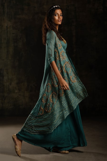 Buy_Mona And Vishu_Blue Bustier  Dupion Silk, Jacket  Organza, Asymmetric Embroidered Set _Online_at_Aza_Fashions