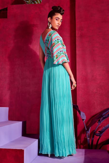 Shop Limerick By Abirr N' Nanki Blue Crepe And Georgette Floral Print V Neck Monroe Wrap Style Jumpsuit at Aza Fashions Shop_Limerick By Abirr N' Nanki_Blue Crepe And Georgette Floral Print V Neck Monroe Wrap Style Jumpsuit_at_Aza_Fashions