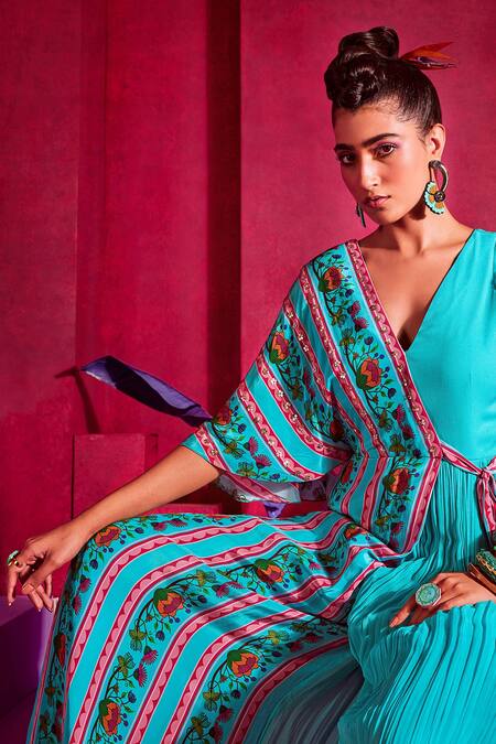 Shop Limerick By Abirr N' Nanki Blue Crepe And Georgette Floral Print V Neck Monroe Wrap Style Jumpsuit Online at Aza Fashions Shop_Limerick By Abirr N' Nanki_Blue Crepe And Georgette Floral Print V Neck Monroe Wrap Style Jumpsuit_Online_at_Aza_Fashions
