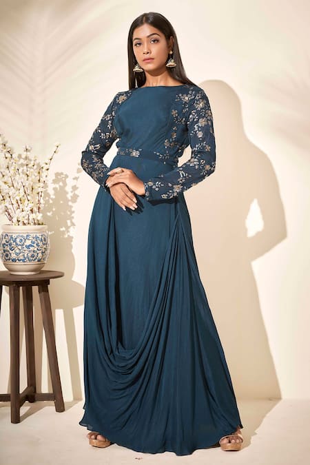 suruchi parakh Blue Georgette Crepe Lining Shantoon Embellishment Sequin Boat Draped Gown