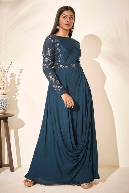 Suruchi Parakh_Blue Georgette Crepe Lining Shantoon Sequin Boat Draped Gown_Online_at_Aza_Fashions